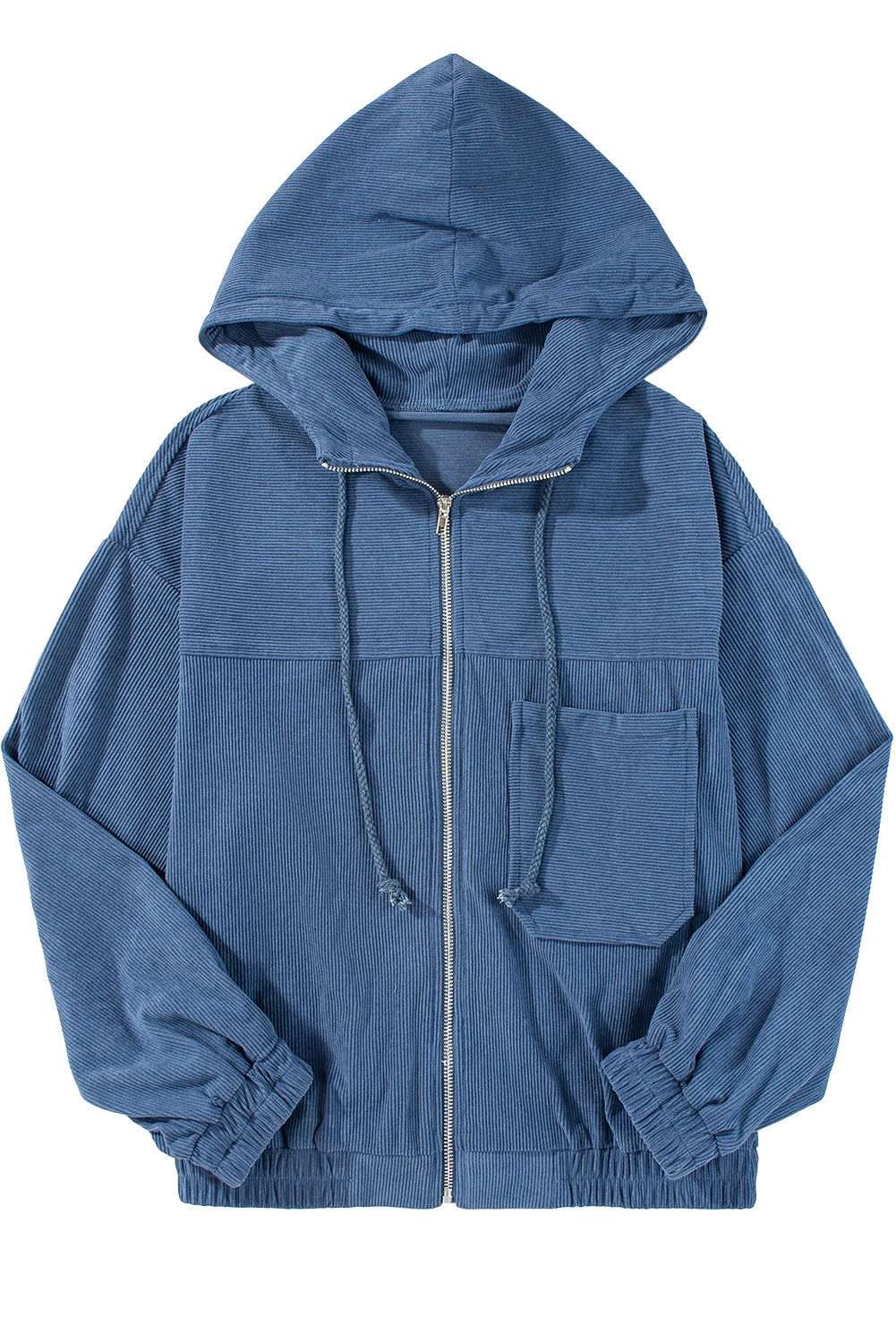 White Corduroy Drawstring Hooded Pocket Zip Up Jacket 