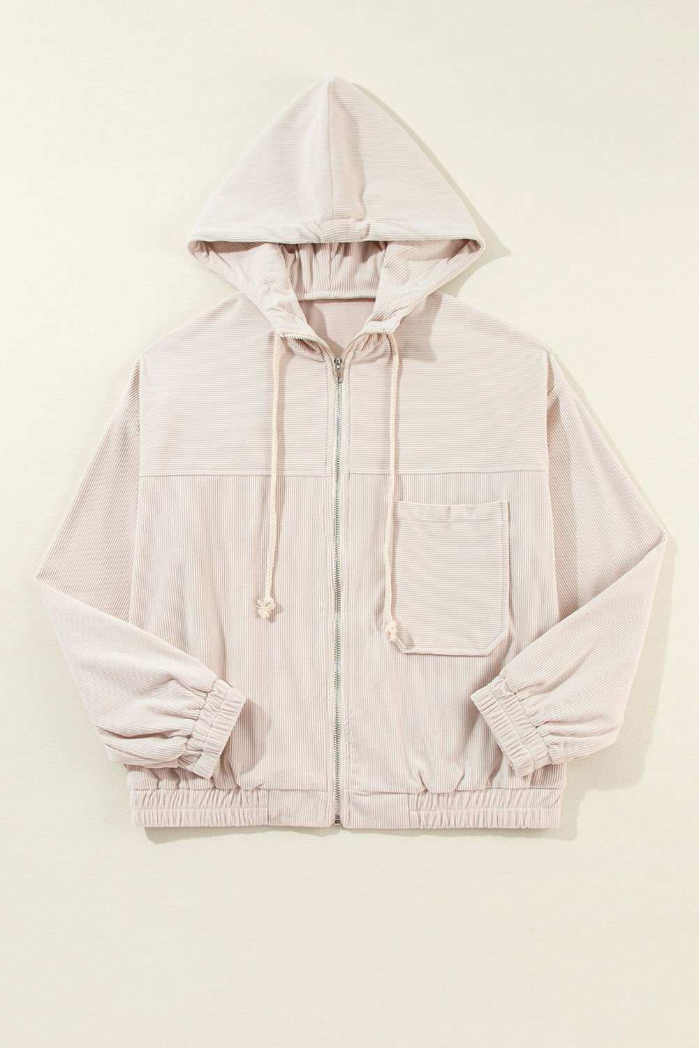 White Corduroy Drawstring Hooded Pocket Zip Up Jacket 