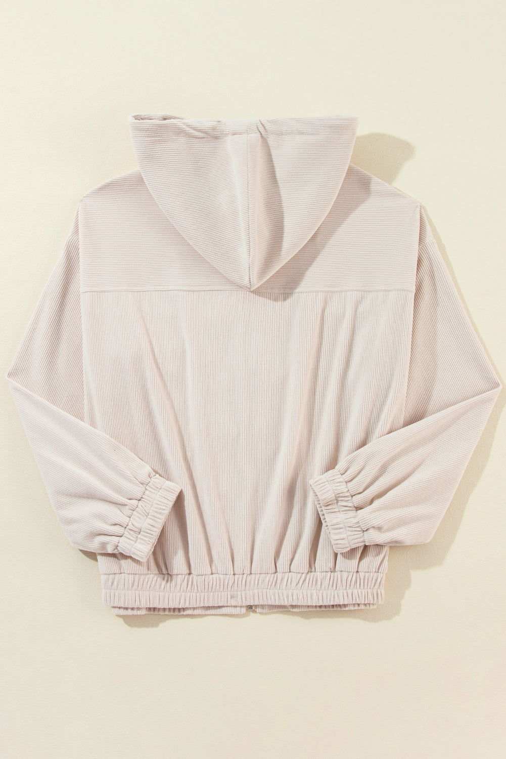 White Corduroy Drawstring Hooded Pocket Zip Up Jacket 