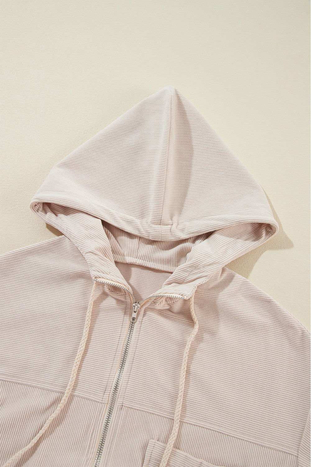 White Corduroy Drawstring Hooded Pocket Zip Up Jacket 