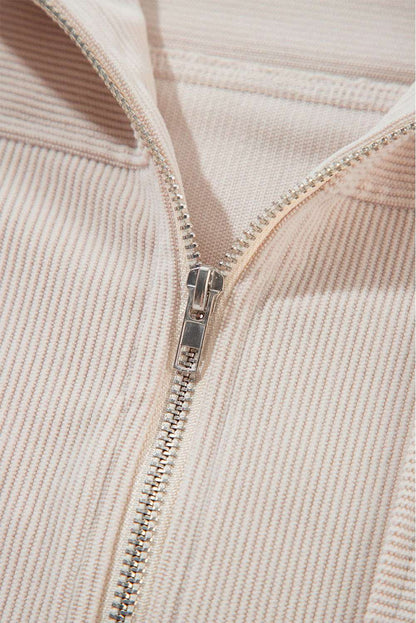 White Corduroy Drawstring Hooded Pocket Zip Up Jacket 