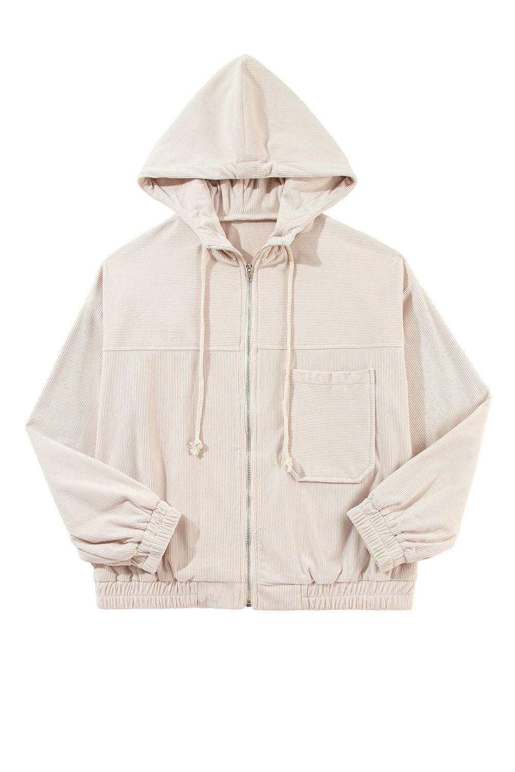 White Corduroy Drawstring Hooded Pocket Zip Up Jacket 