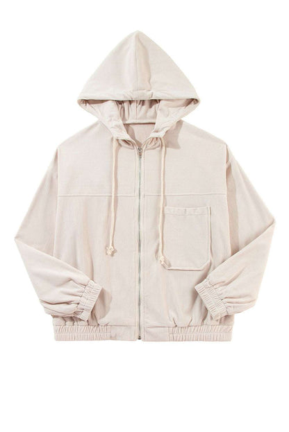 White Corduroy Drawstring Hooded Pocket Zip Up Jacket 