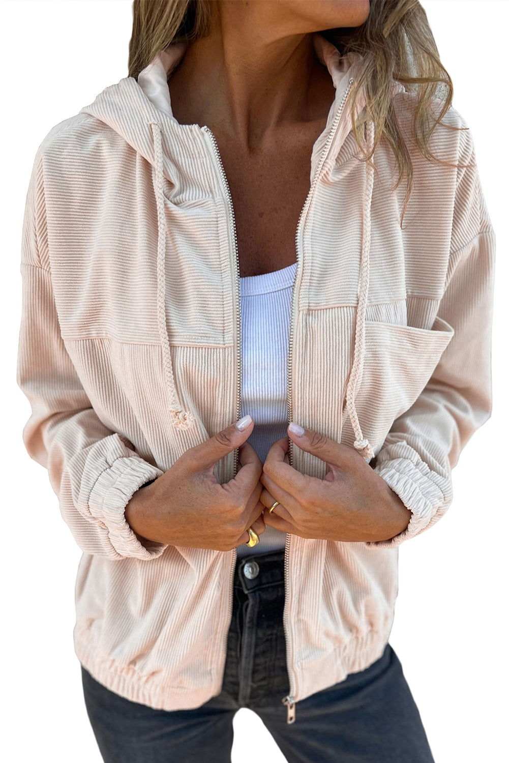 White Corduroy Drawstring Hooded Pocket Zip Up Jacket 