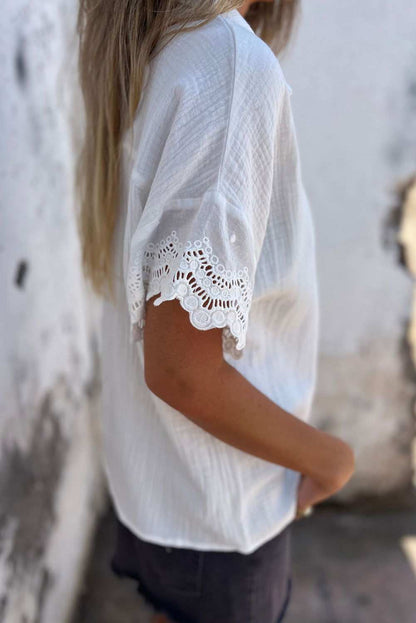 White Crinkled Lace Splicing Sleeve Collared V Neck Blouse 