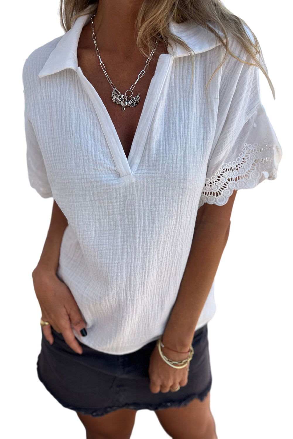 White Crinkled Lace Splicing Sleeve Collared V Neck Blouse 