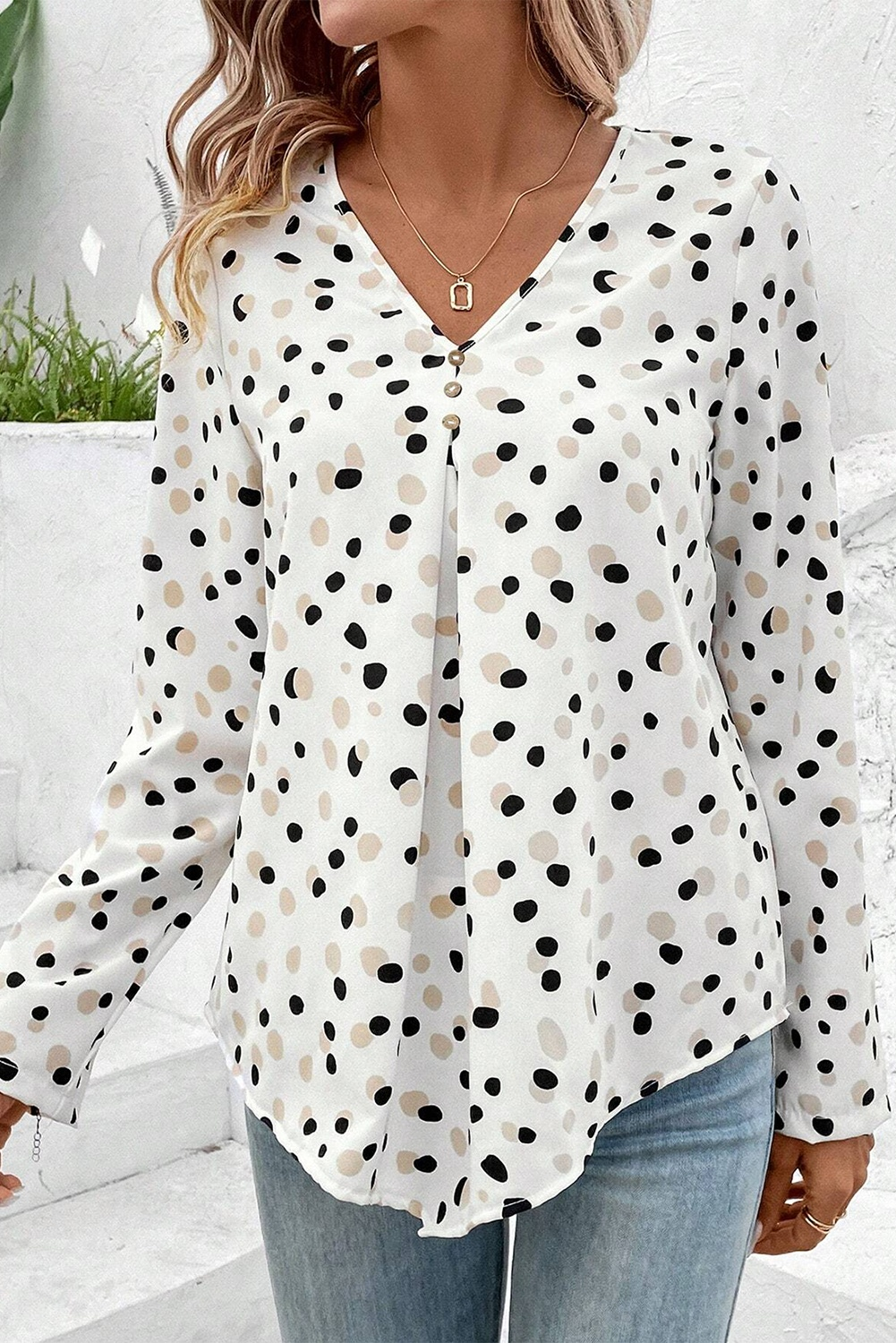 White Dotted Print V Neck Long Sleeve Blouse 