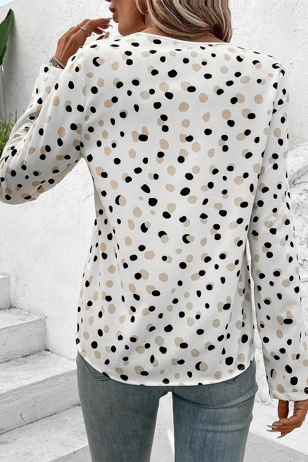 White Dotted Print V Neck Long Sleeve Blouse 