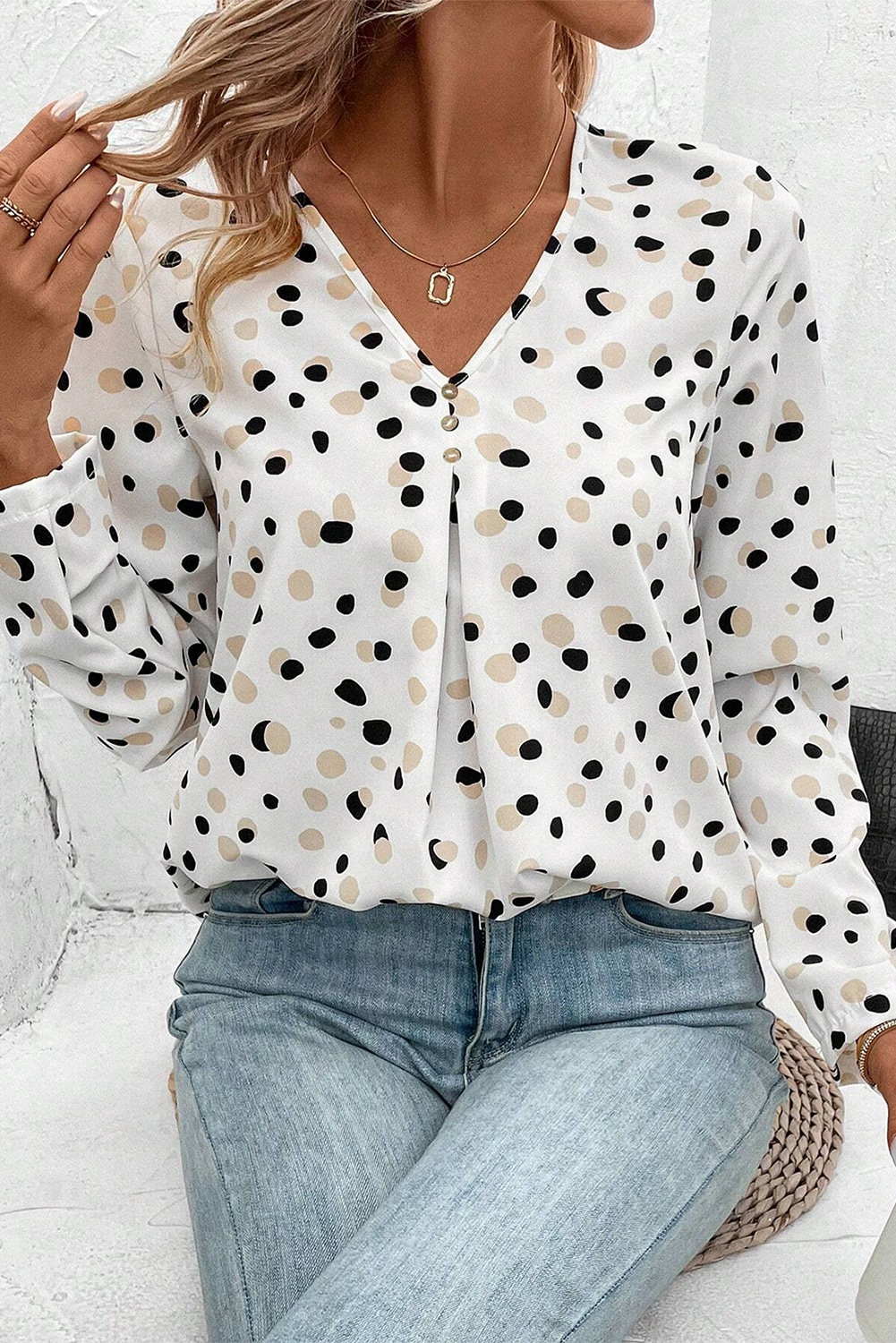 White Dotted Print V Neck Long Sleeve Blouse 