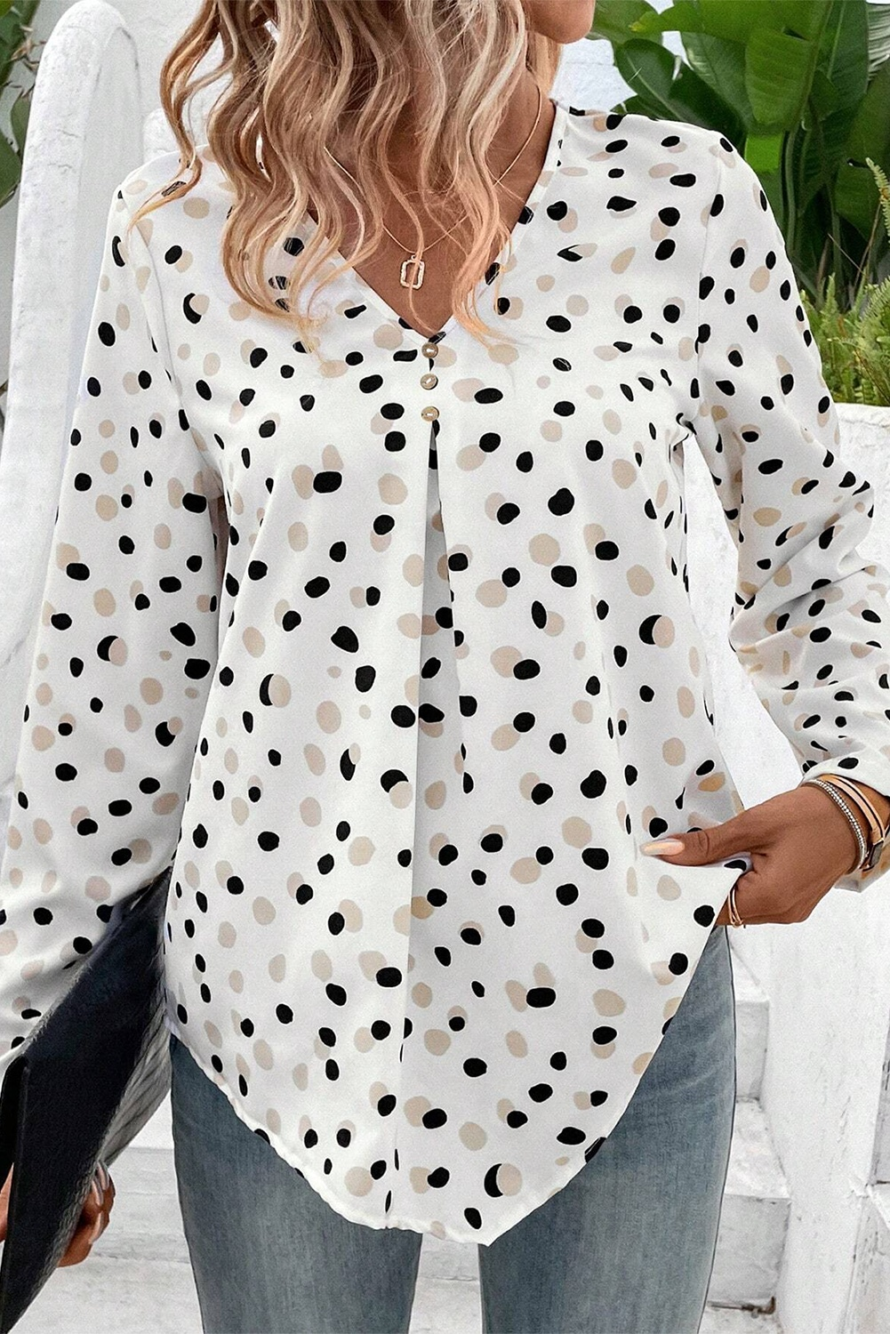 White Dotted Print V Neck Long Sleeve Blouse 