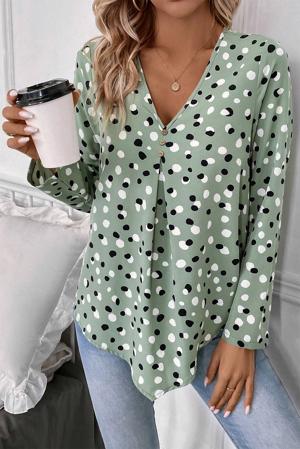 White Dotted Print V Neck Long Sleeve Blouse 