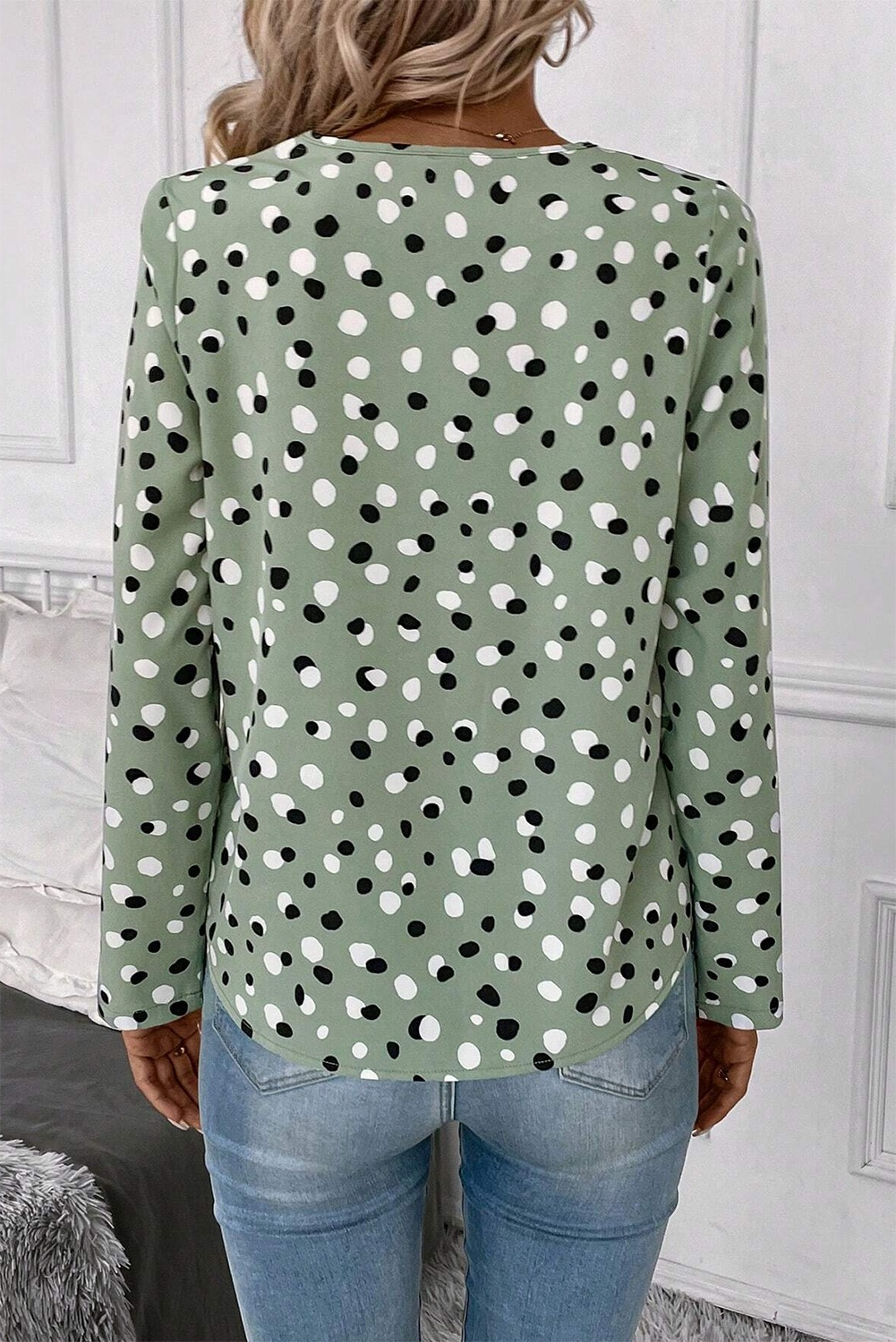 White Dotted Print V Neck Long Sleeve Blouse 