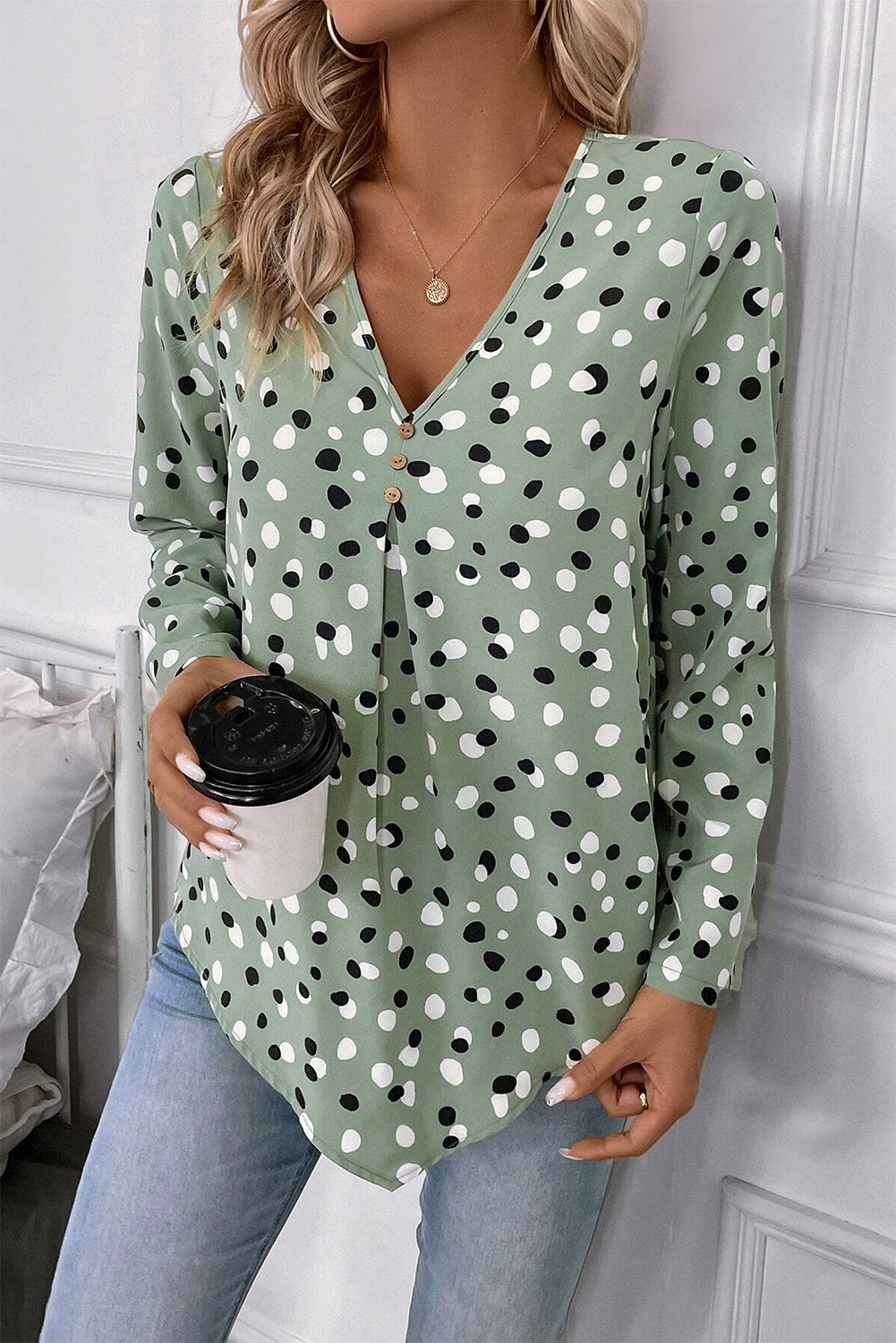 White Dotted Print V Neck Long Sleeve Blouse 