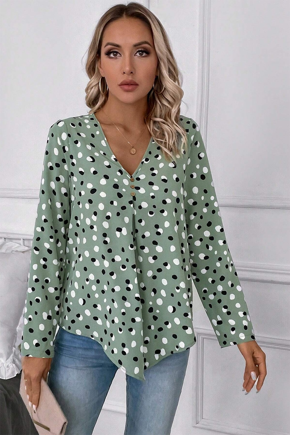 White Dotted Print V Neck Long Sleeve Blouse 