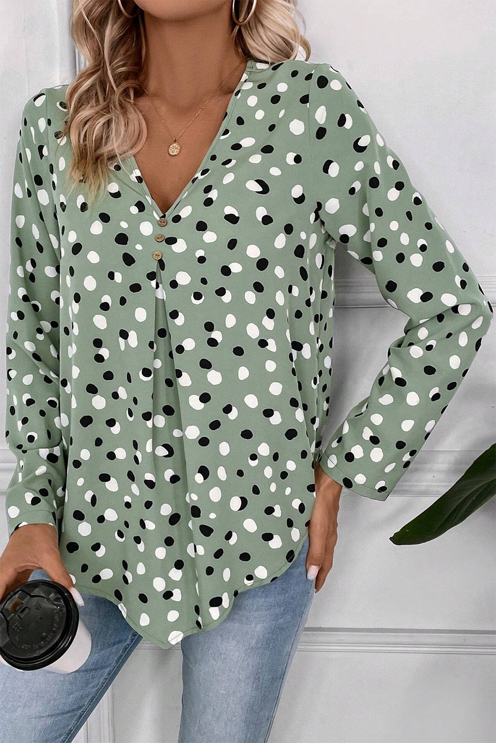 White Dotted Print V Neck Long Sleeve Blouse 