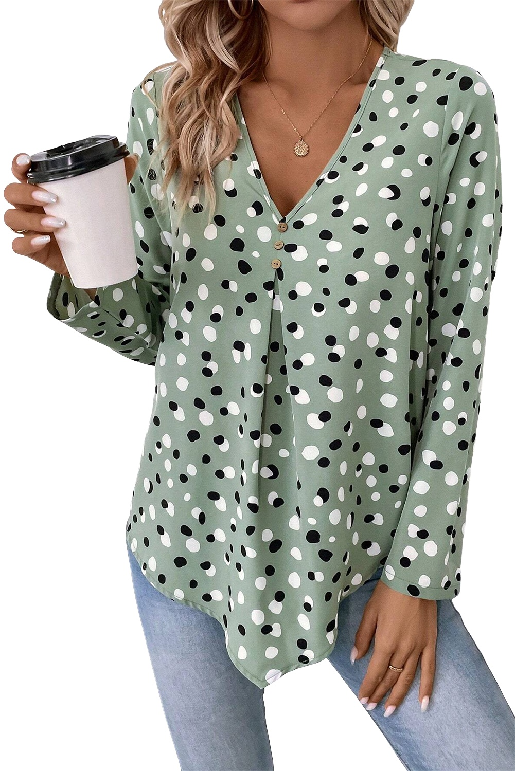 White Dotted Print V Neck Long Sleeve Blouse 