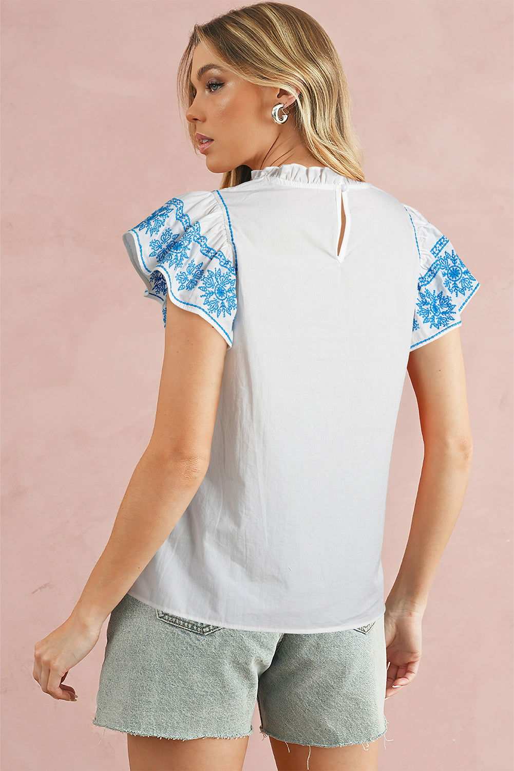 White Embroidered Ruffled Sleeve Frill Blouse 