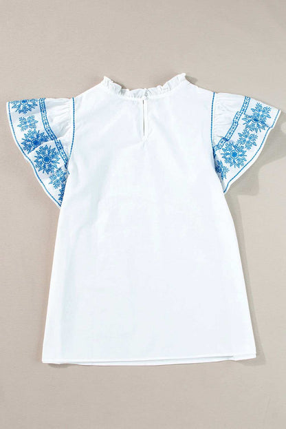 White Embroidered Ruffled Sleeve Frill Blouse 