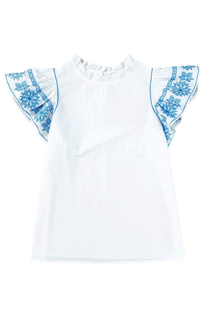 White Embroidered Ruffled Sleeve Frill Blouse 