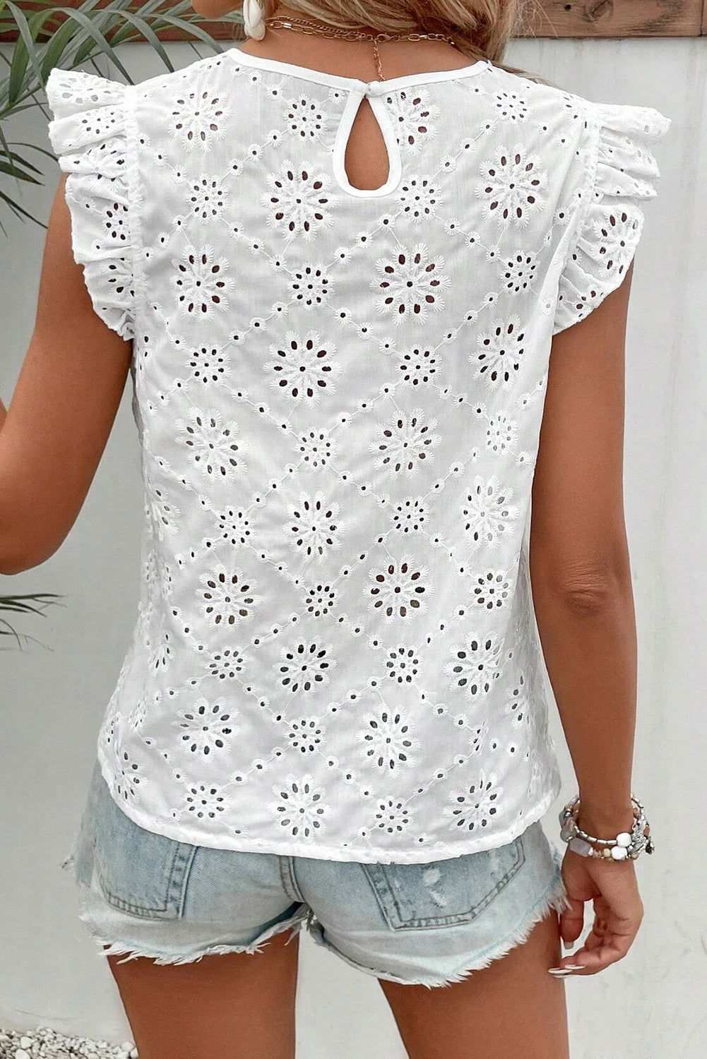 White Eyelet Embroidered Ruffle Shoulder Sleeveless Blouse 