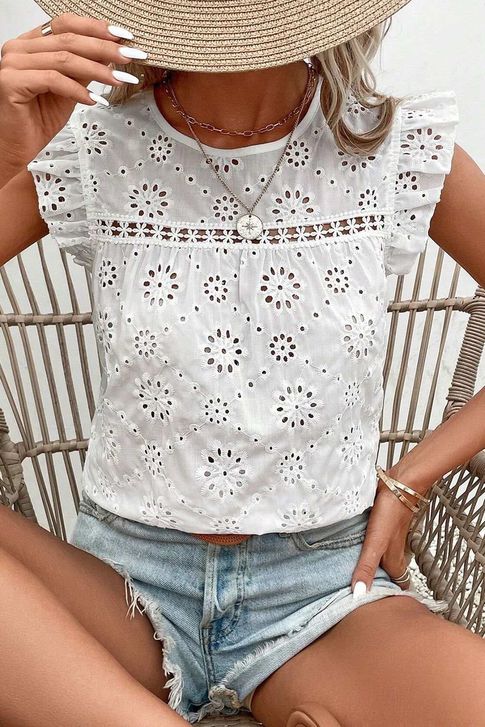 White Eyelet Embroidered Ruffle Shoulder Sleeveless Blouse 