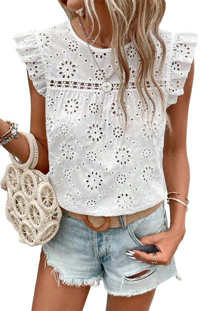 White Eyelet Embroidered Ruffle Shoulder Sleeveless Blouse 