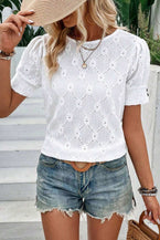 White Eyelet Embroidered Short Puff Sleeve Blouse 