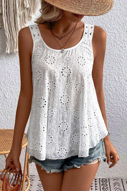 White Eyelet Embroidery Flowy Tank Top 