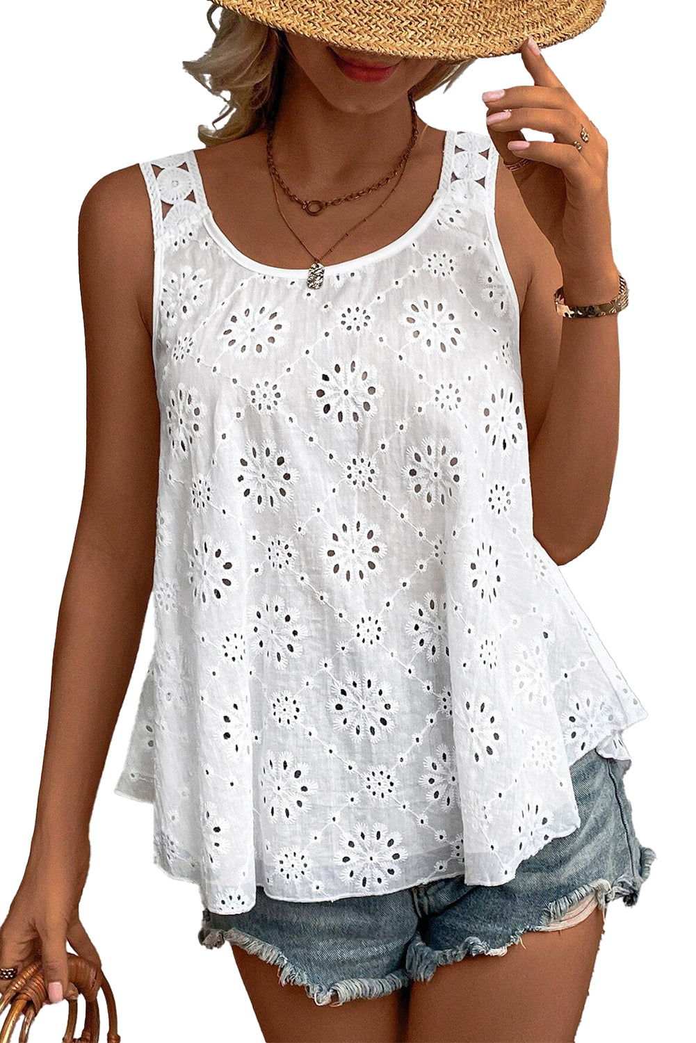 White Eyelet Embroidery Flowy Tank Top 