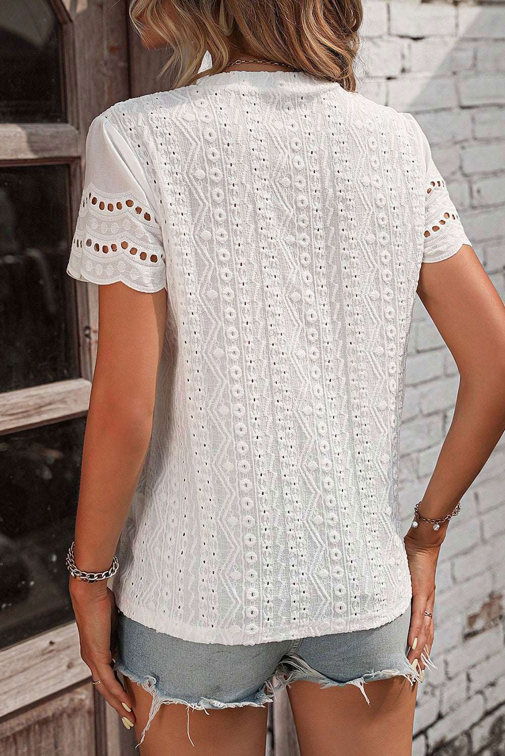 White Eyelet Embroidery Scalloped Short Sleeve Blouse 