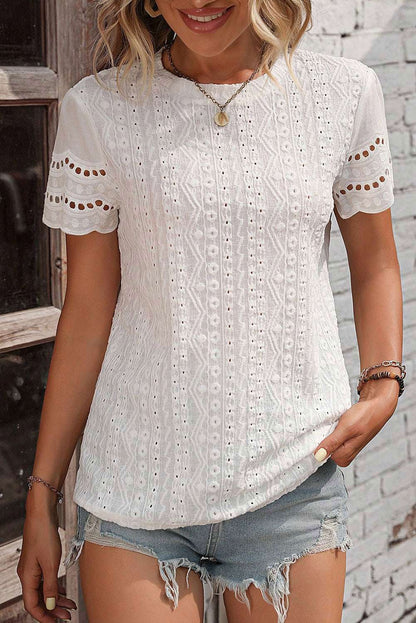 White Eyelet Embroidery Scalloped Short Sleeve Blouse 