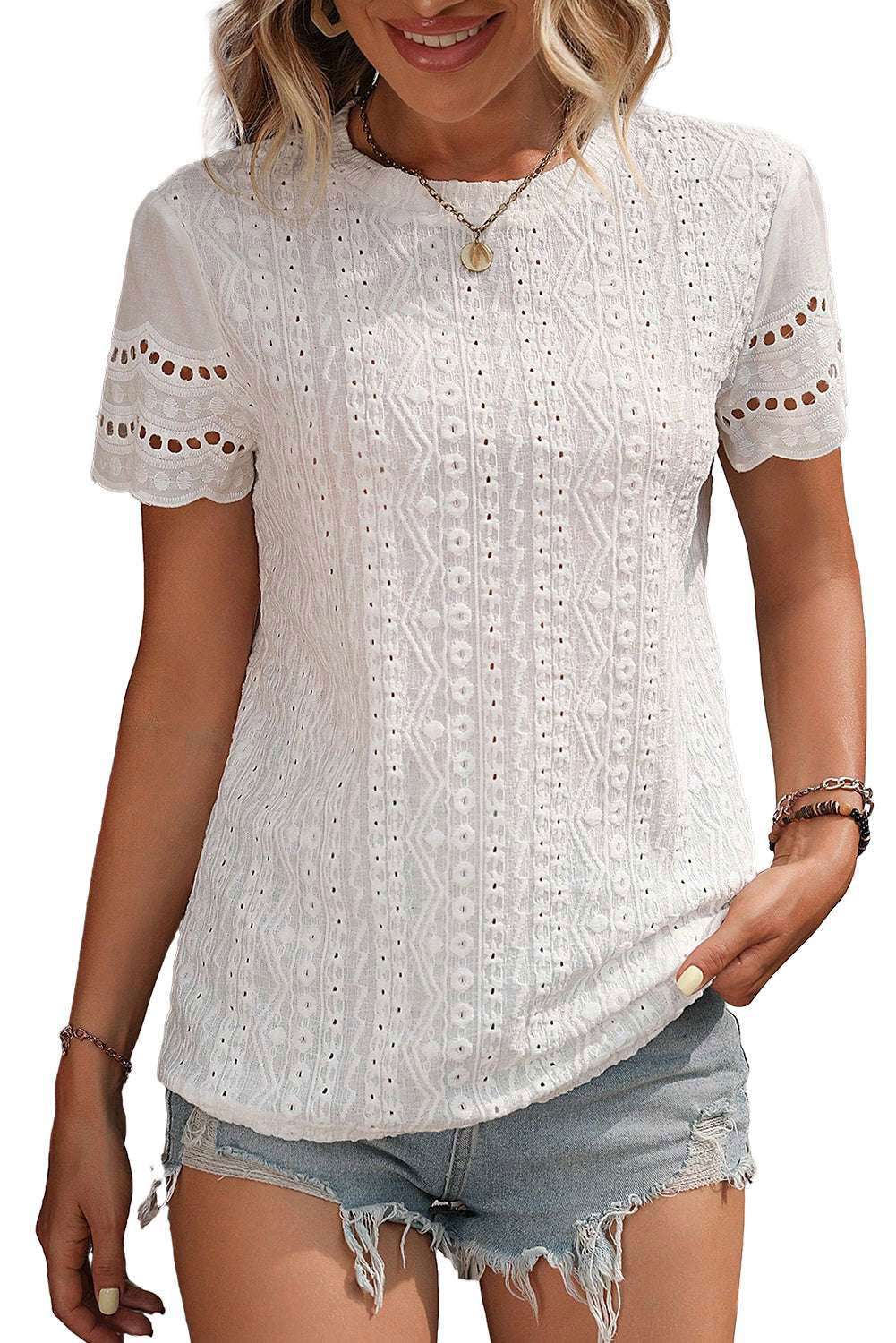 White Eyelet Embroidery Scalloped Short Sleeve Blouse 