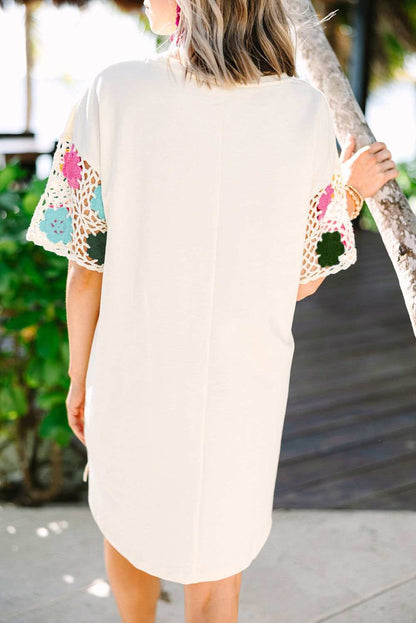 White Floral Crochet Splicing Sleeve T-shirt Dress 