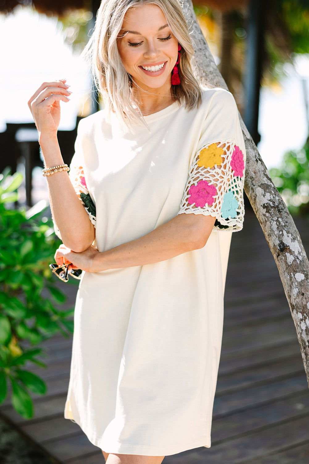 White Floral Crochet Splicing Sleeve T-shirt Dress 