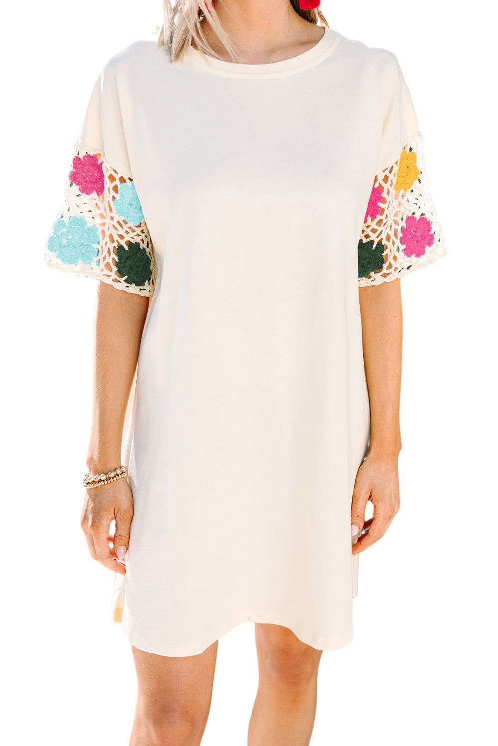 White Floral Crochet Splicing Sleeve T-shirt Dress 