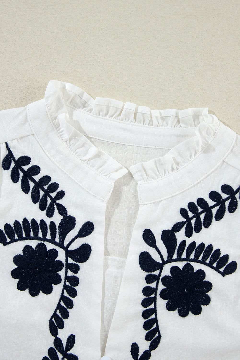 White Floral Embroidered Smocked Cuffs Boho Shirt 