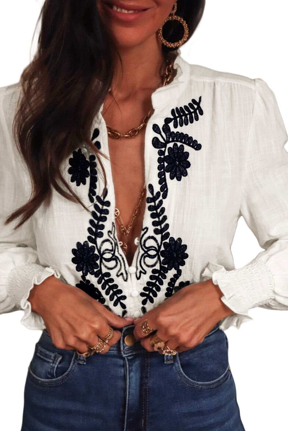 White Floral Embroidered Smocked Cuffs Boho Shirt 