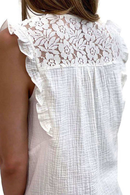 White Floral Lace Crochet Textured Sleeveless Shirt 