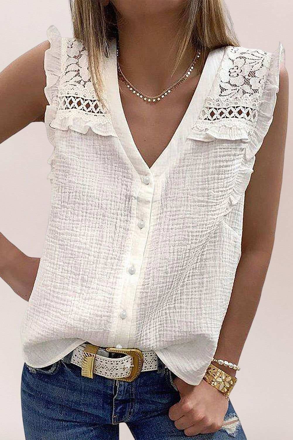 White Floral Lace Crochet Textured Sleeveless Shirt 