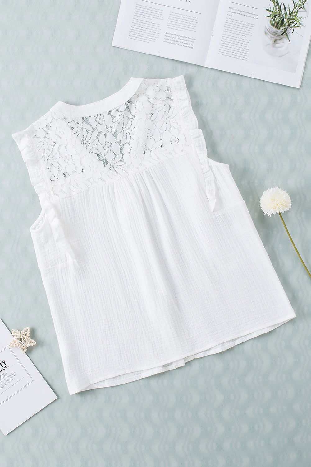 White Floral Lace Crochet Textured Sleeveless Shirt 