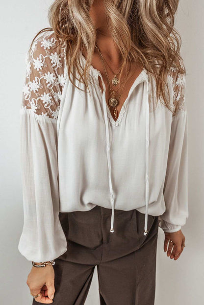 White Floral Lace Patchwork Lantern Sleeve V Neck Blouse 