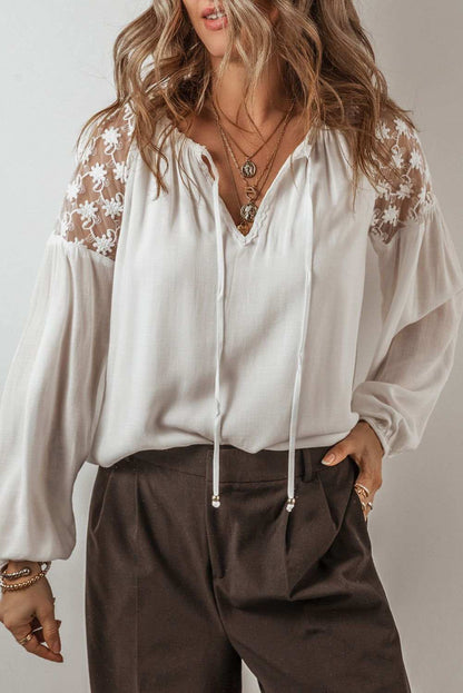 White Floral Lace Patchwork Lantern Sleeve V Neck Blouse 