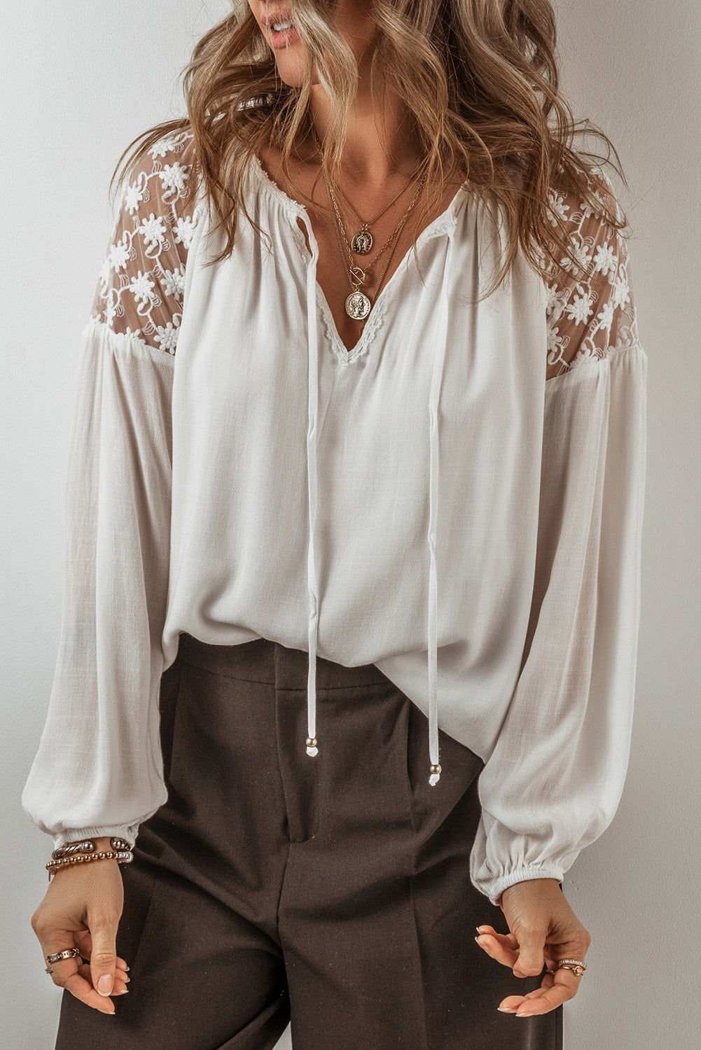 White Floral Lace Patchwork Lantern Sleeve V Neck Blouse 