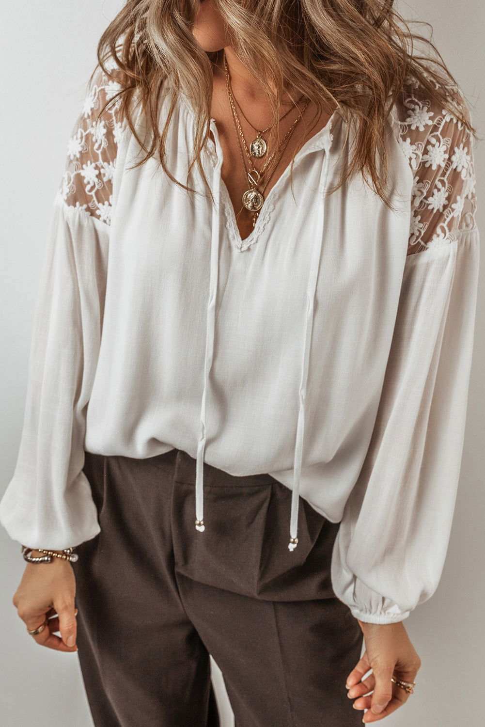 White Floral Lace Patchwork Lantern Sleeve V Neck Blouse 