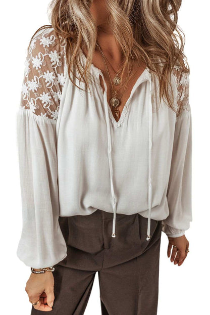 White Floral Lace Patchwork Lantern Sleeve V Neck Blouse 