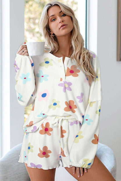 White Floral Print Henley Top & Drawstring Shorts Loungewear Set 