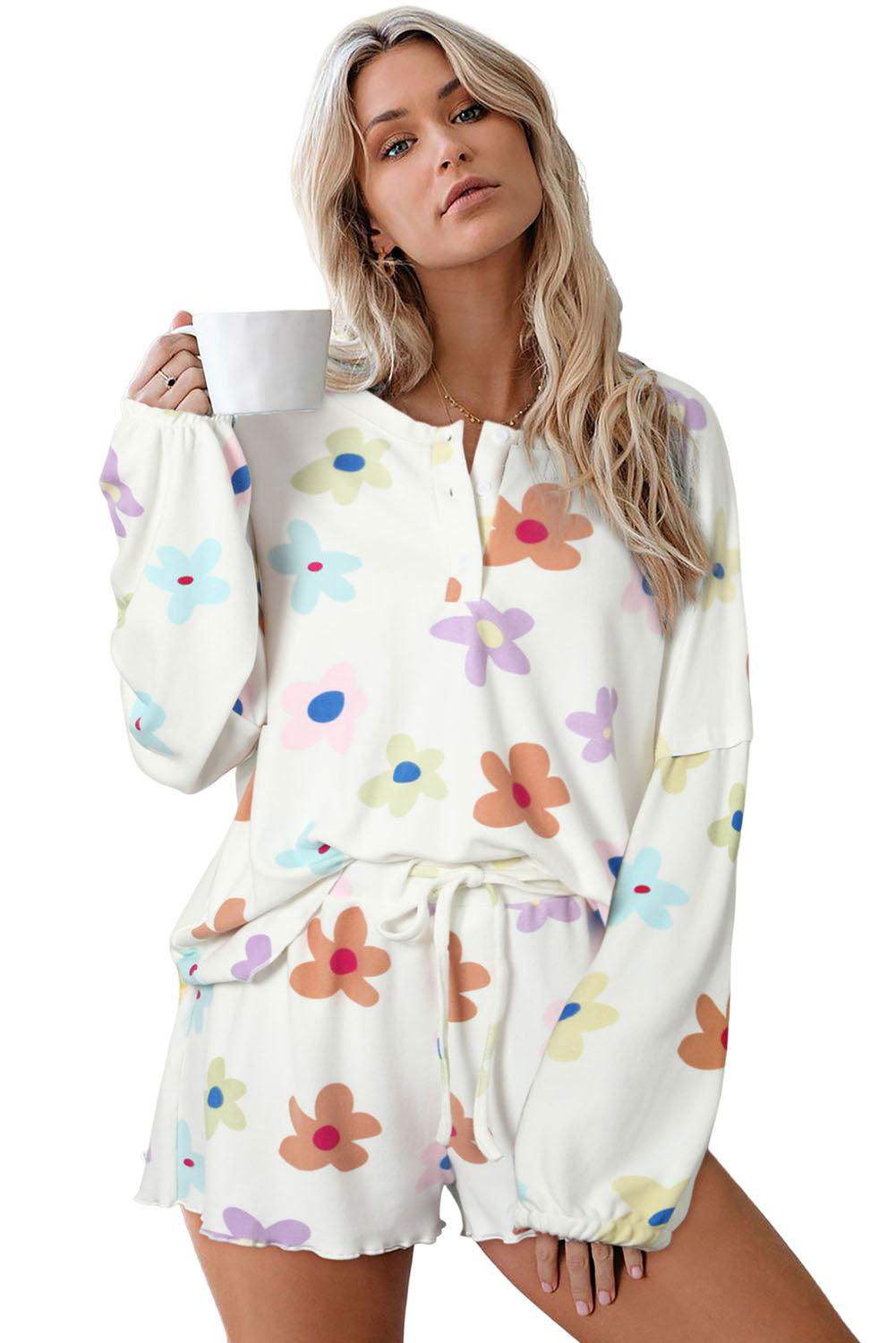 White Floral Print Henley Top & Drawstring Shorts Loungewear Set 