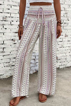 White Floral Print High Waist Drawstring Wide Leg Pants 