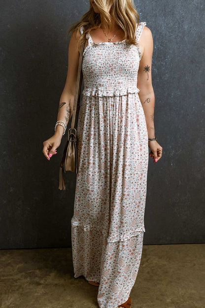 White Floral Print Lace Frilly Straps Shirred Maxi Dress 