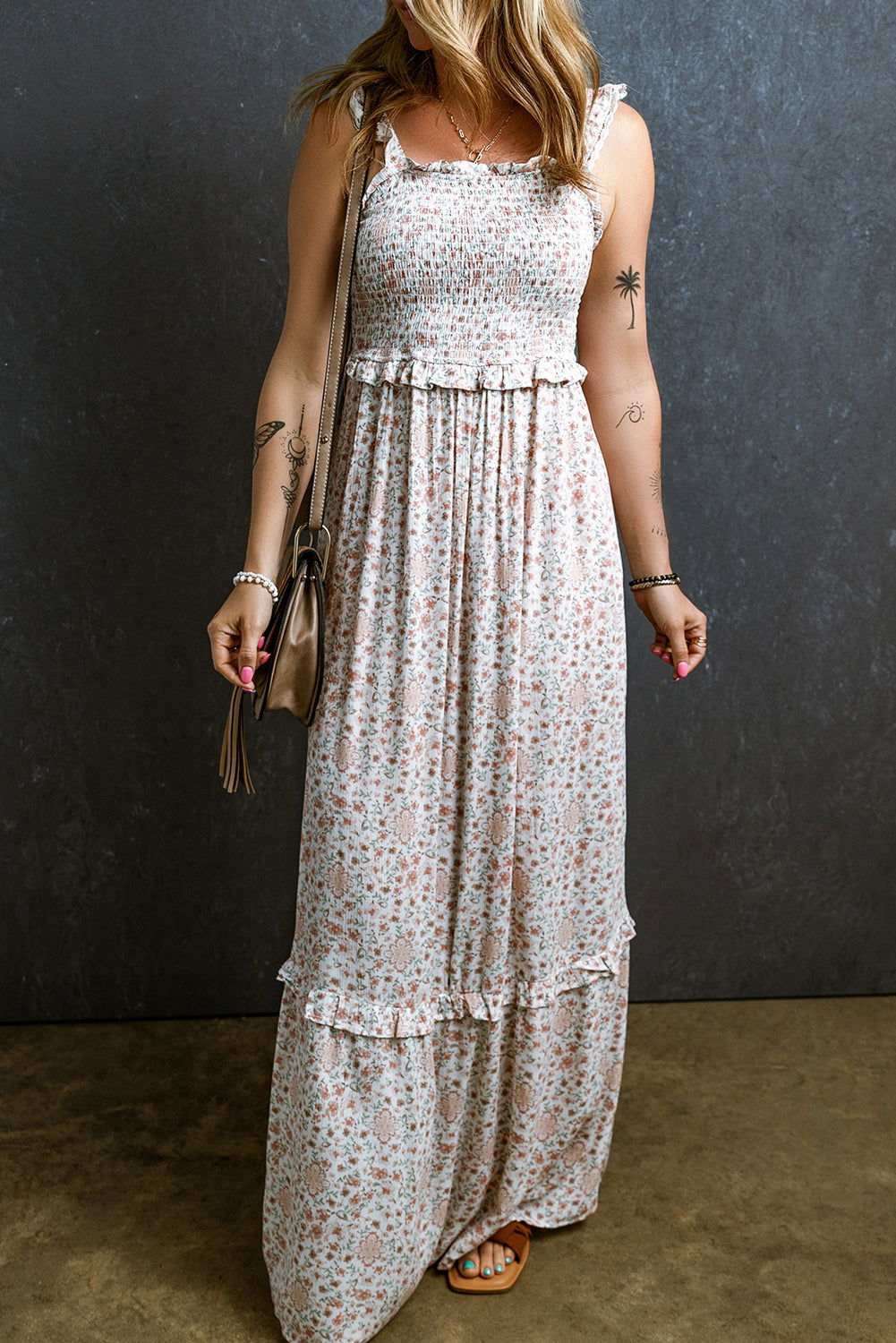 White Floral Print Lace Frilly Straps Shirred Maxi Dress 